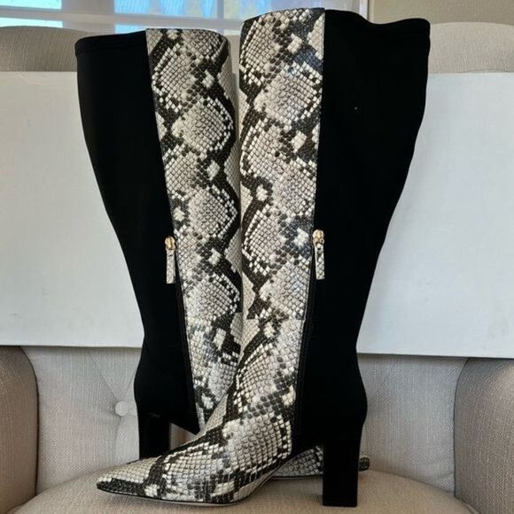 Good American The Statement Mix Knee High Boot in Python Print/Stone Leather 7.5 - Picture 4 of 8